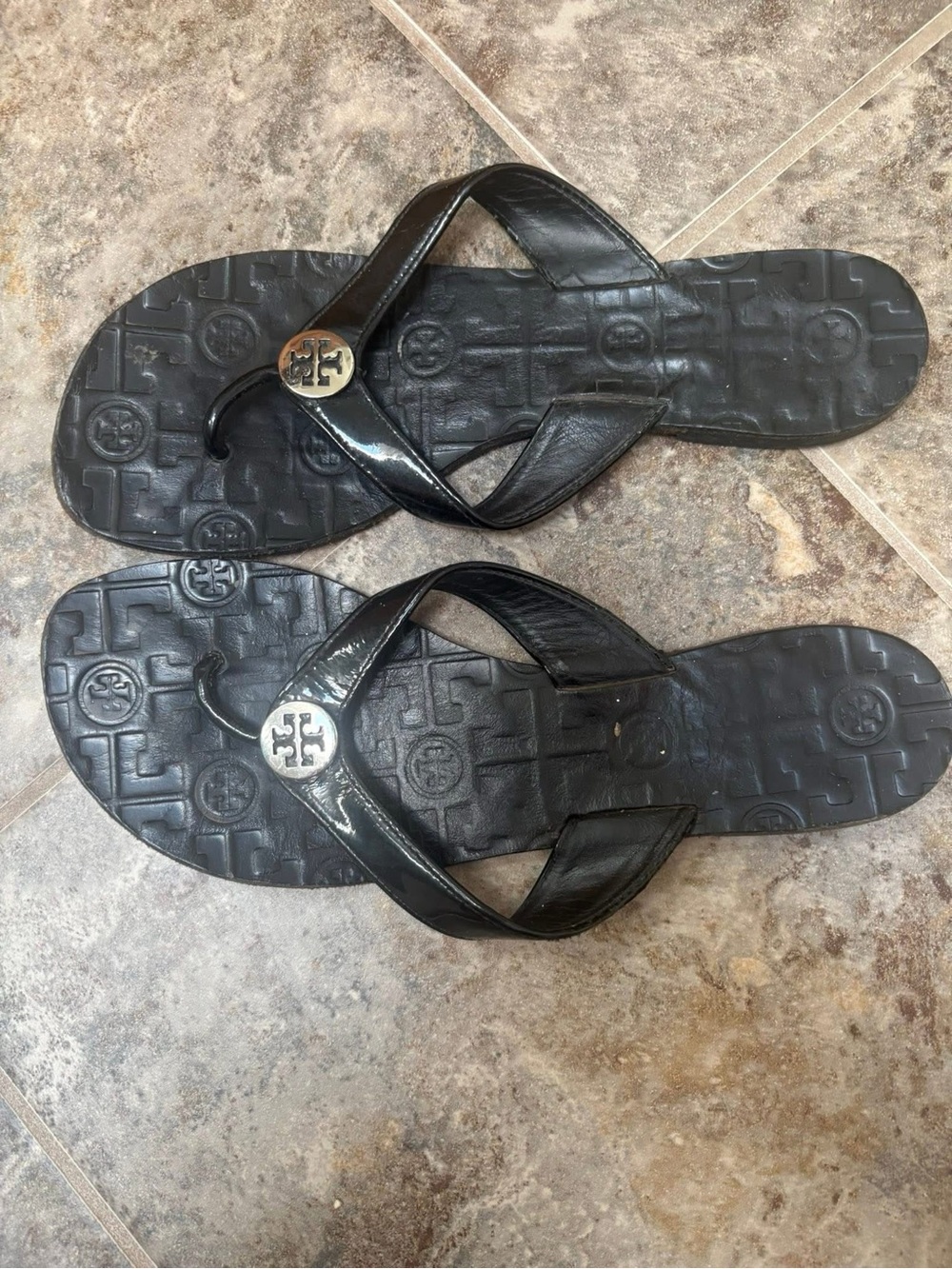 Tory Burch Black Patent Leather Logo Thong Sandals